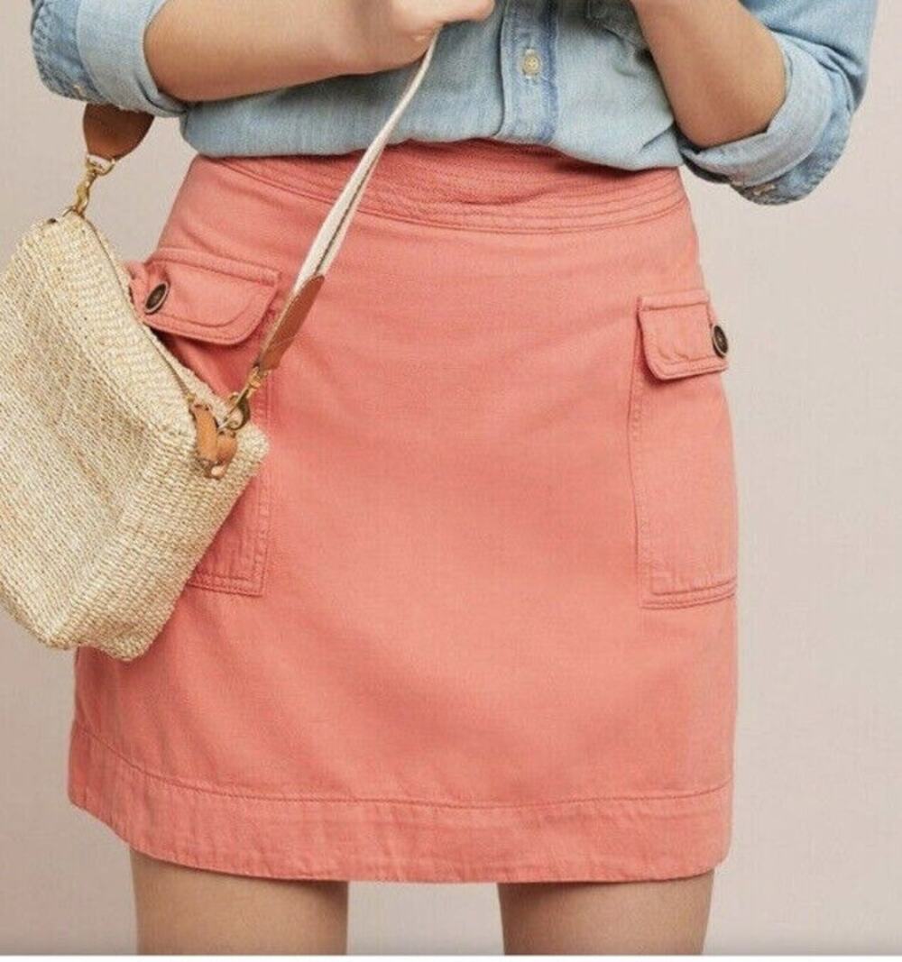 Anthropologie Orange Cotton Linen Blend Boho Cargo Utility Mini Skirt 10